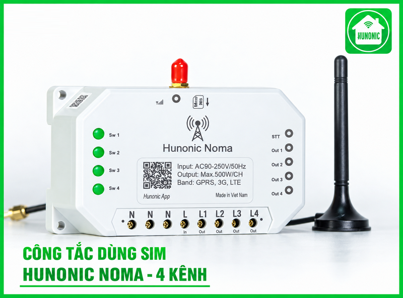 Công tắc Hunonic Noma 4CH – Điều khiển mọi thiết bị từ xa qua điện thoại dùng sim