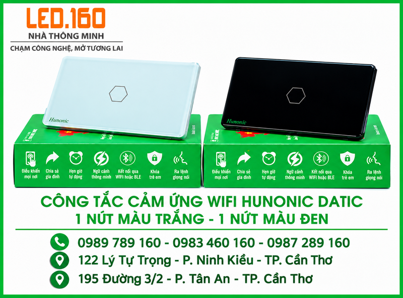 Công Tắc Cảm Ứng Wifi Hunonic Datic 1 nút – Màu sắc: Trắng/Đen