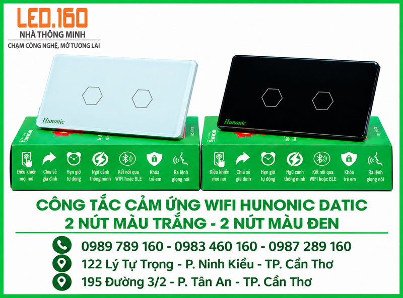 Công Tắc Cảm Ứng Wifi Hunonic Datic 2 nút – Màu sắc: Trắng/Đen
